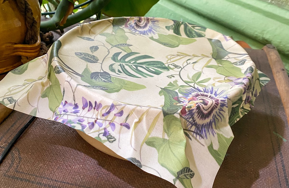 a bowl covered with beeswax wrap passionflower