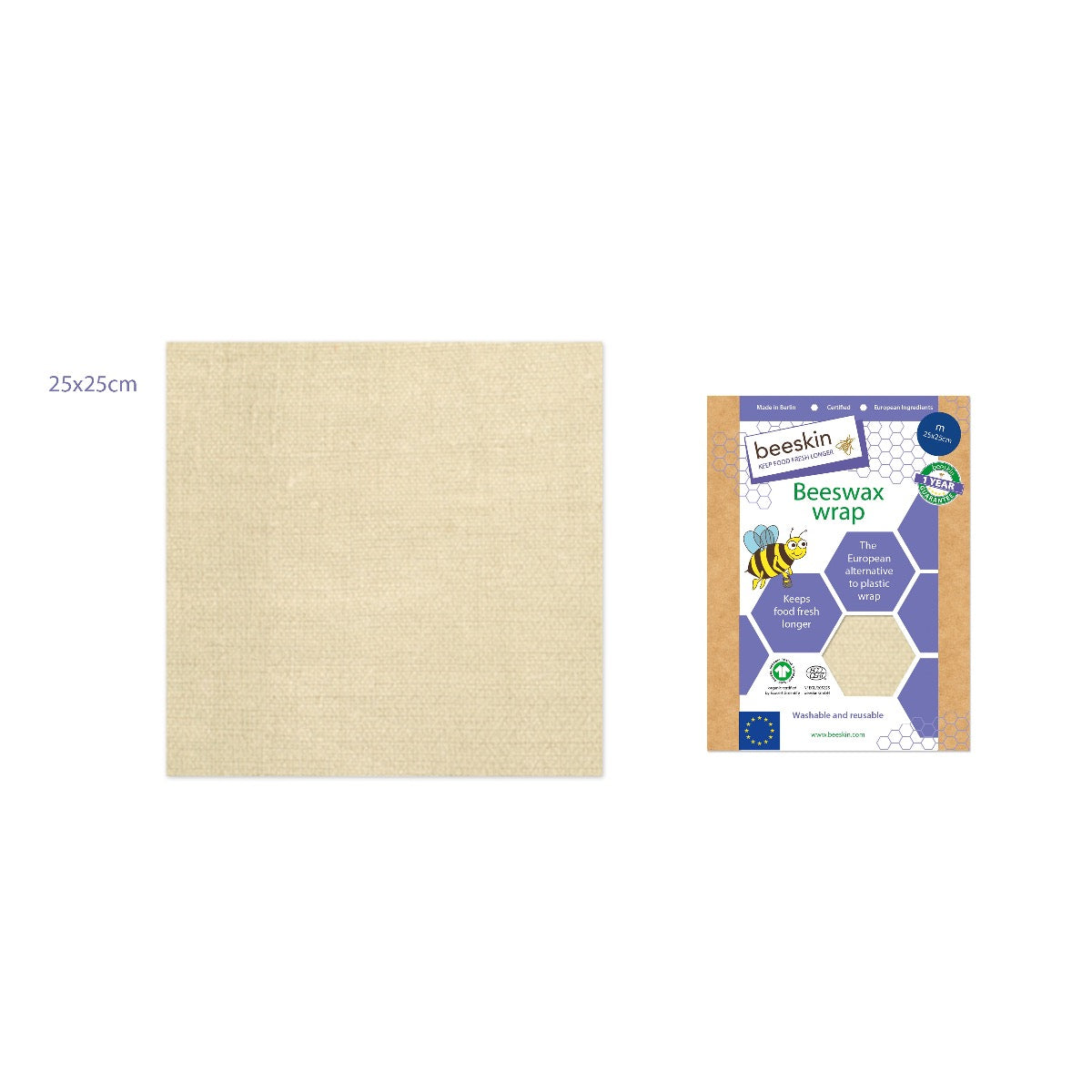 beeskin beeswax wrap m natural next to packaging