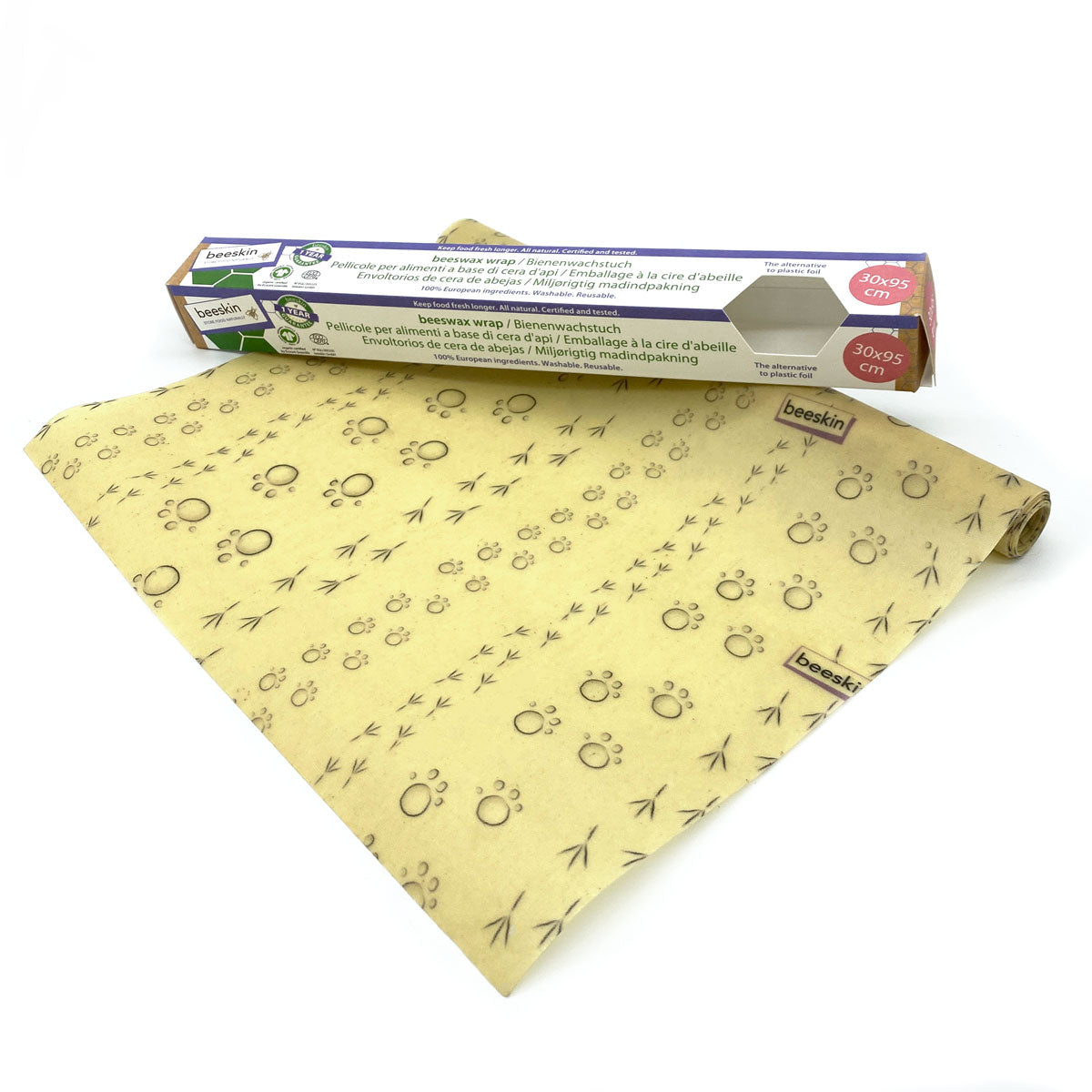 beeskin beeswax wrap paws natural next to packaging
