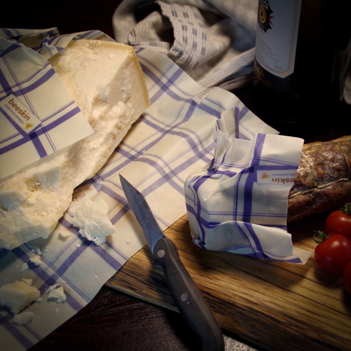 peace of parmigiana and salami on beeswax wrap kitchen