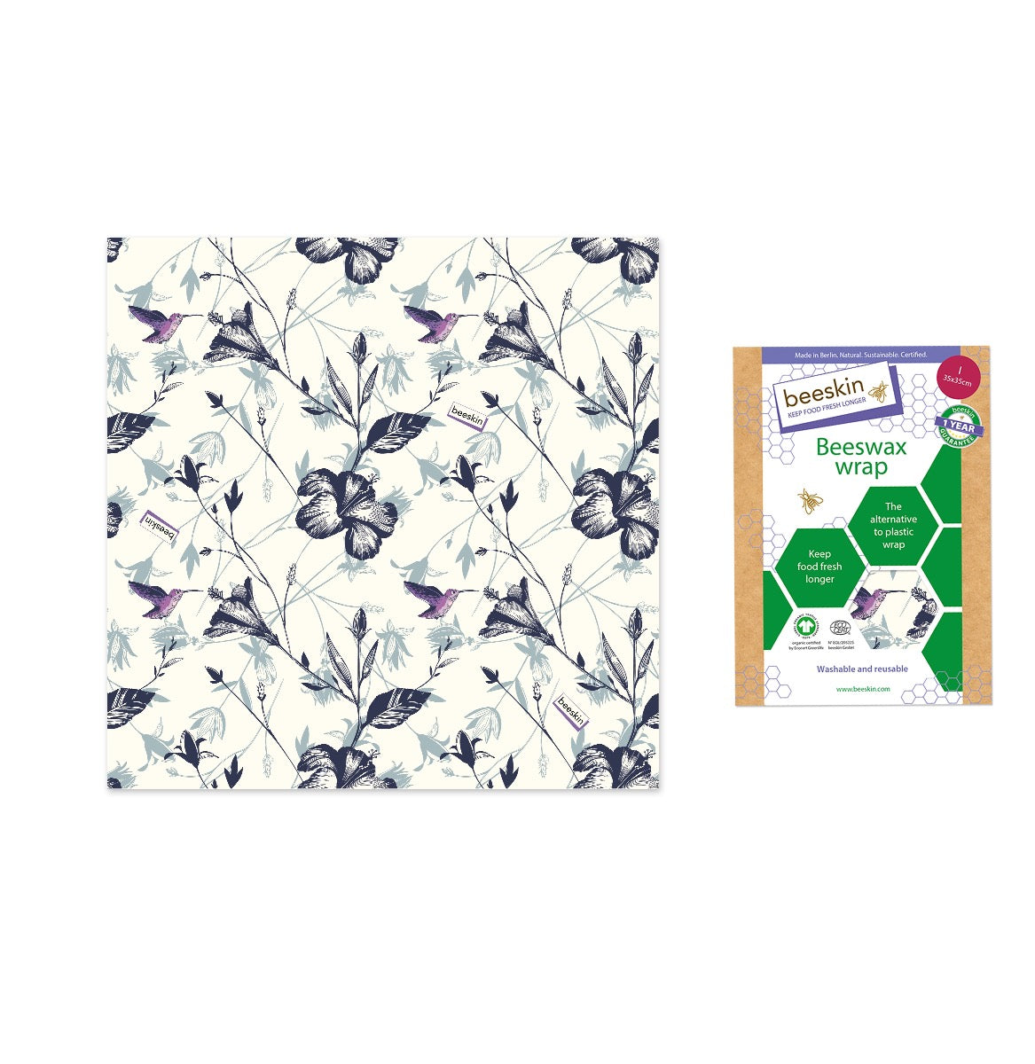 beeskin beeswax wrap hummingbird next to packaging