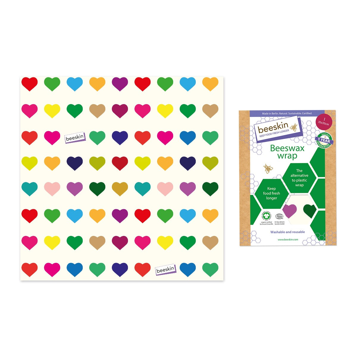 beeskin beeswax wrap colorful hearts next to packaging
