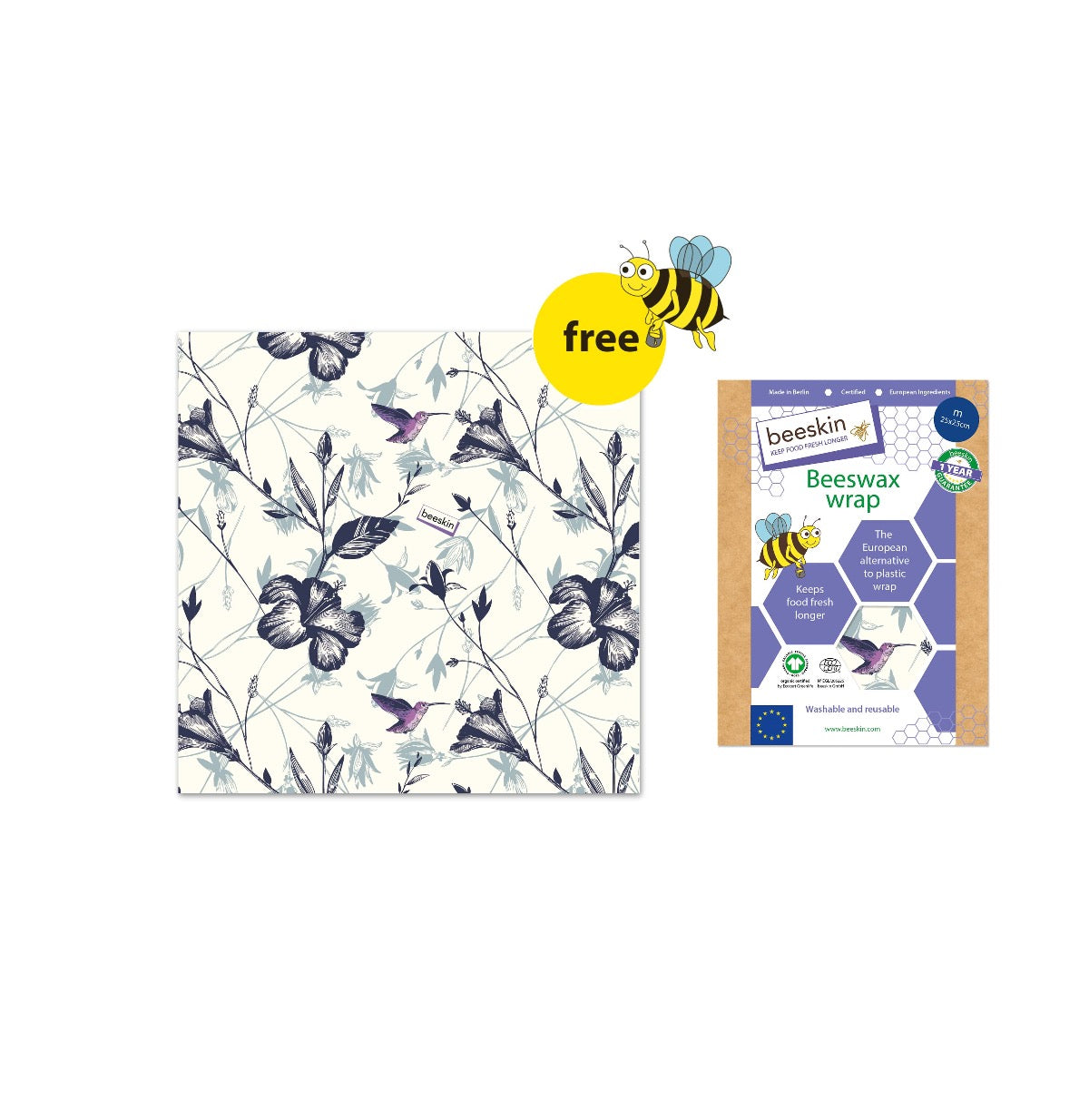 beeskin beeswax wrap hummingbird and a big yellow button free with a funny bee next to packaging