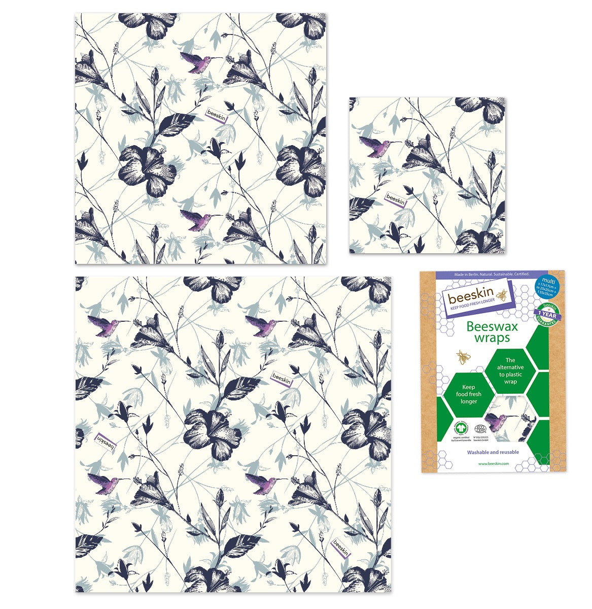 beeskin beeswax wrap multi hummingbird next to packaging