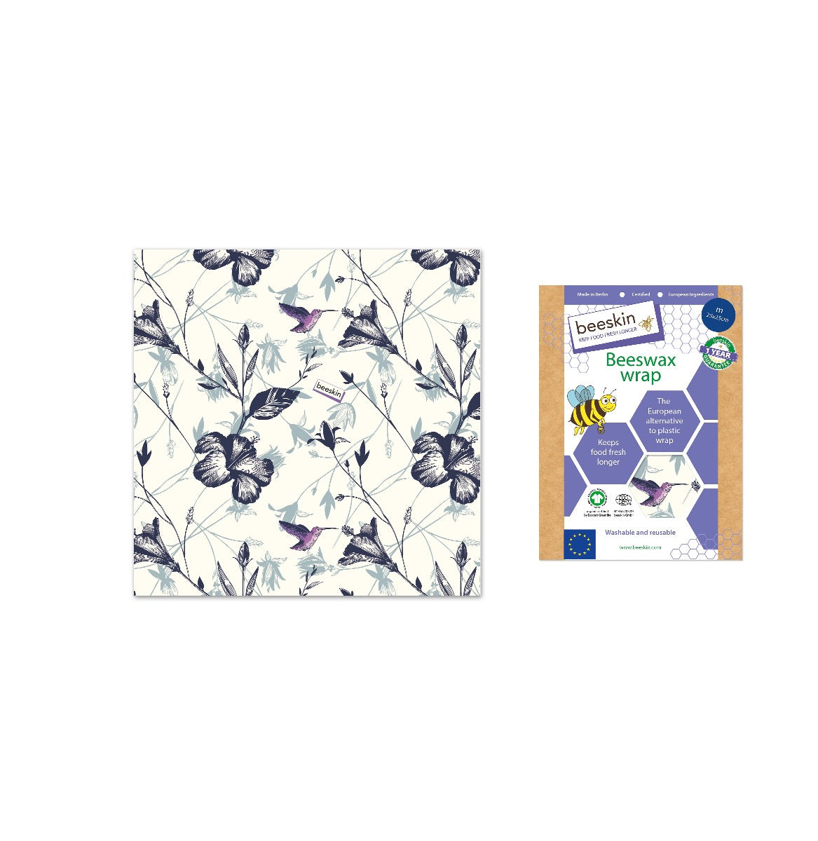 beeskin beeswax wrap m hummingbird next to packaging