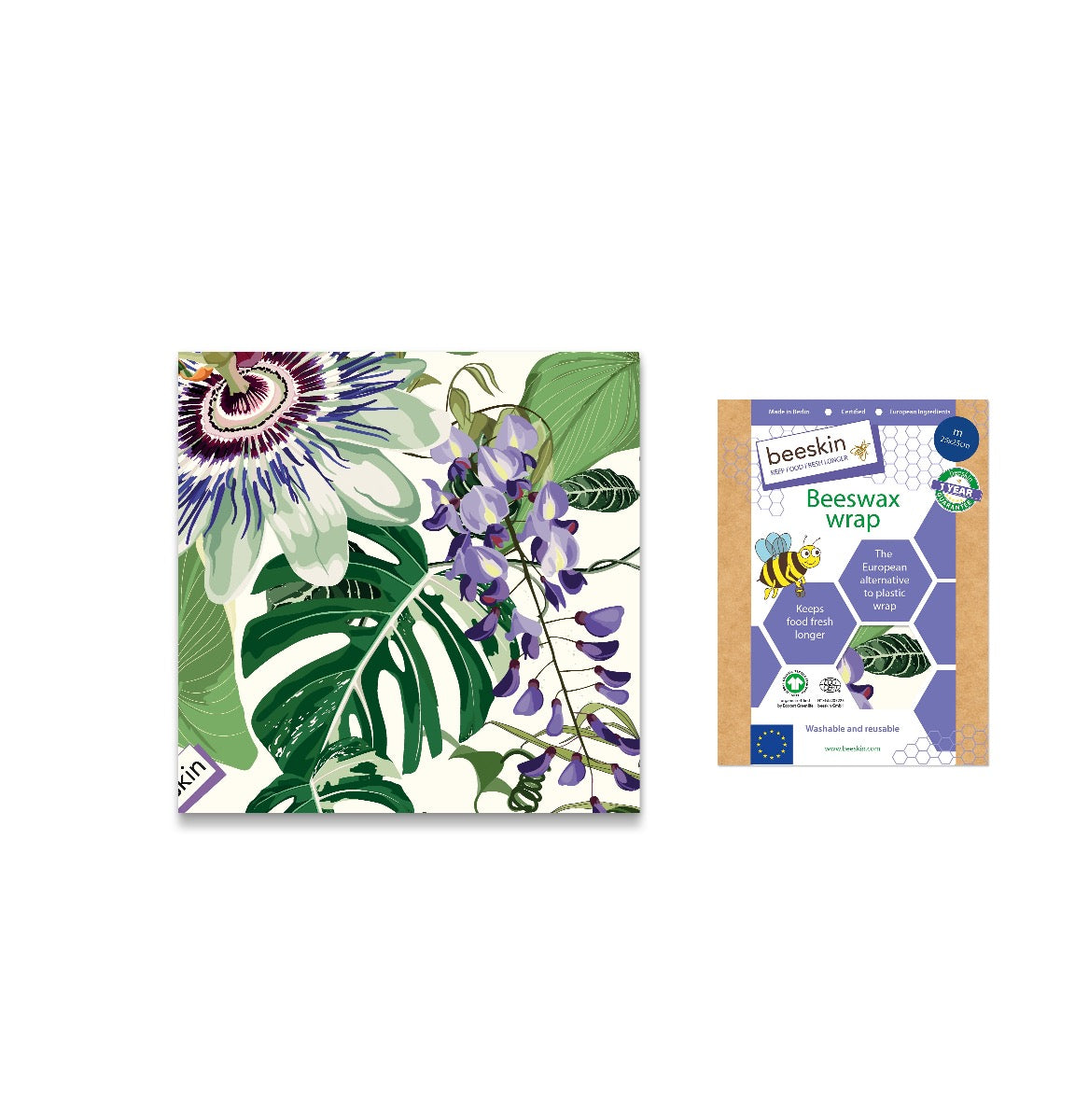 beeskin beeswax wrap passionflower next to packaging