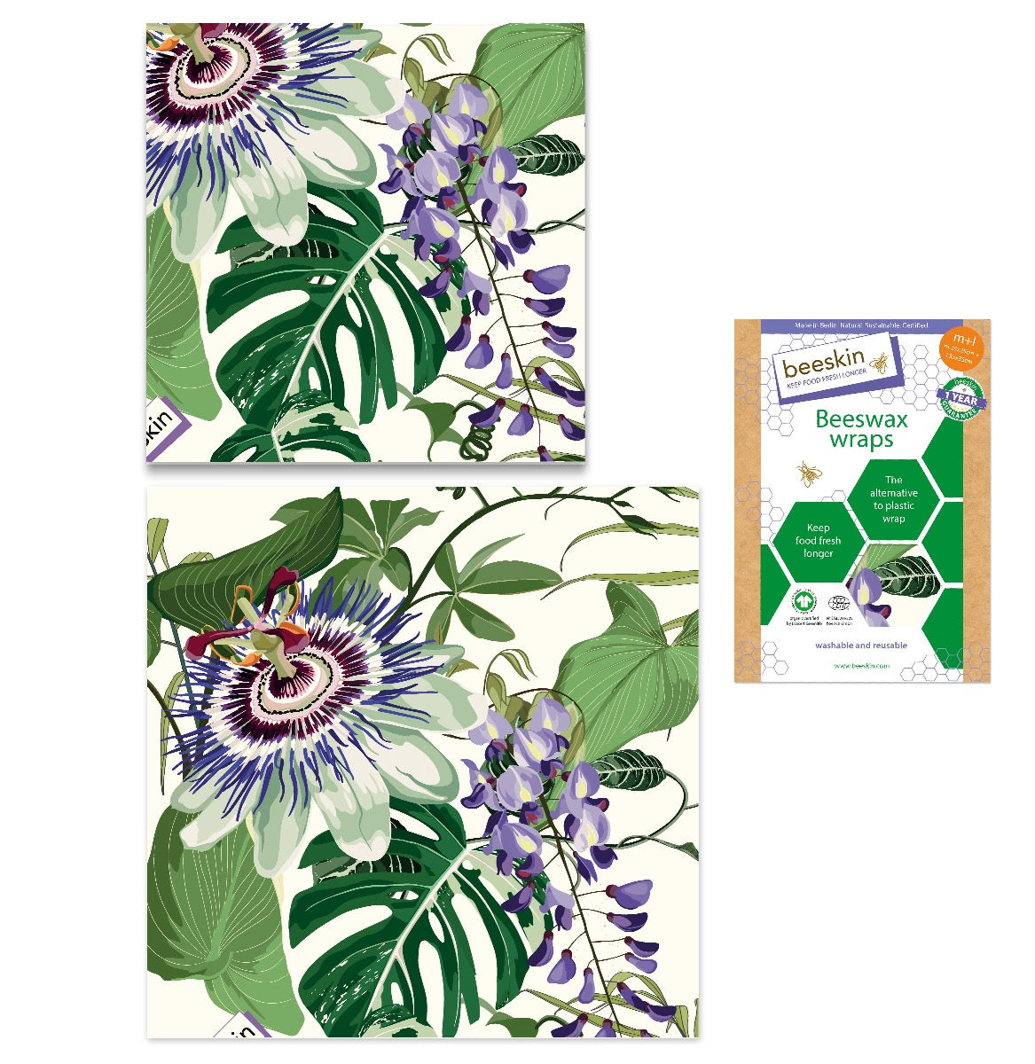 beeskin beeswax wrap purple passionflower next to packaging