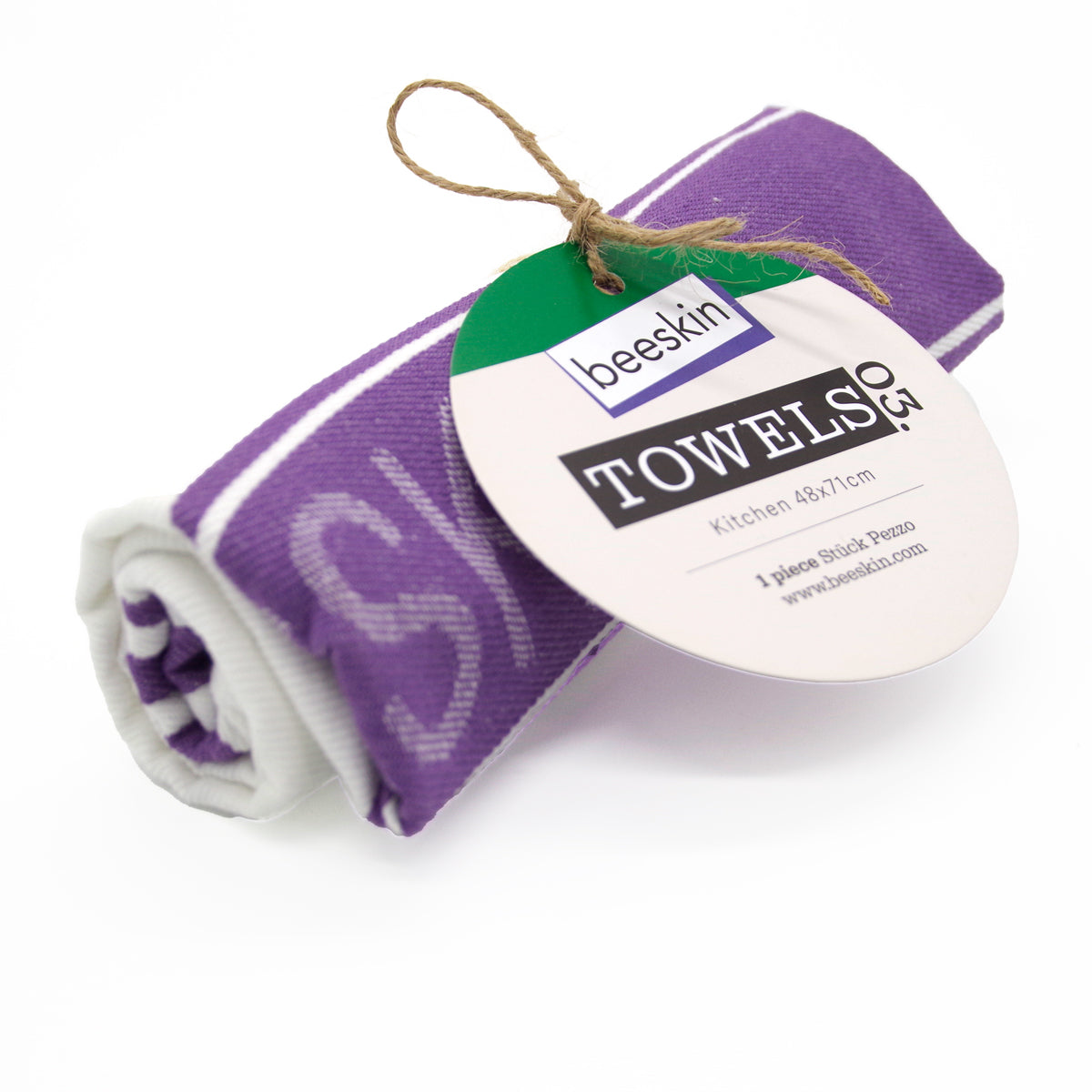 rolled beeskin tea towel kitchen with logo and hanging tag