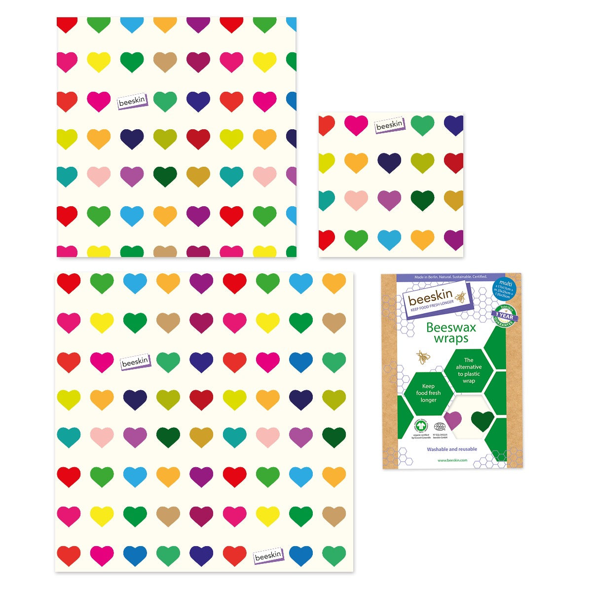 beeskin beeswax wrap multi colorful hearts next to packaging
