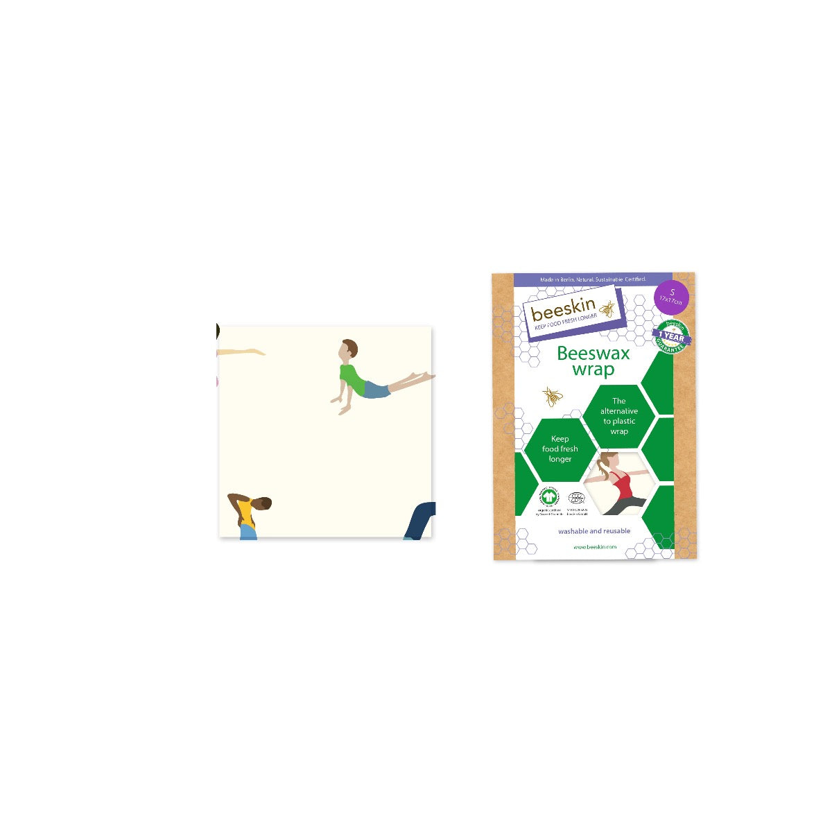 bbeskin beeswax wrap size s Yoga next to packaging