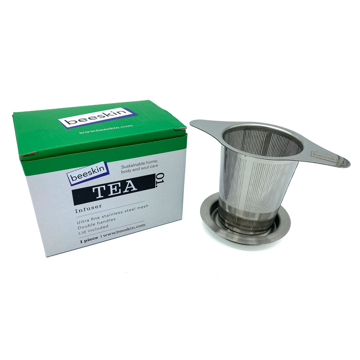 beeskin tea infuser big for cups or jugs next to packaging