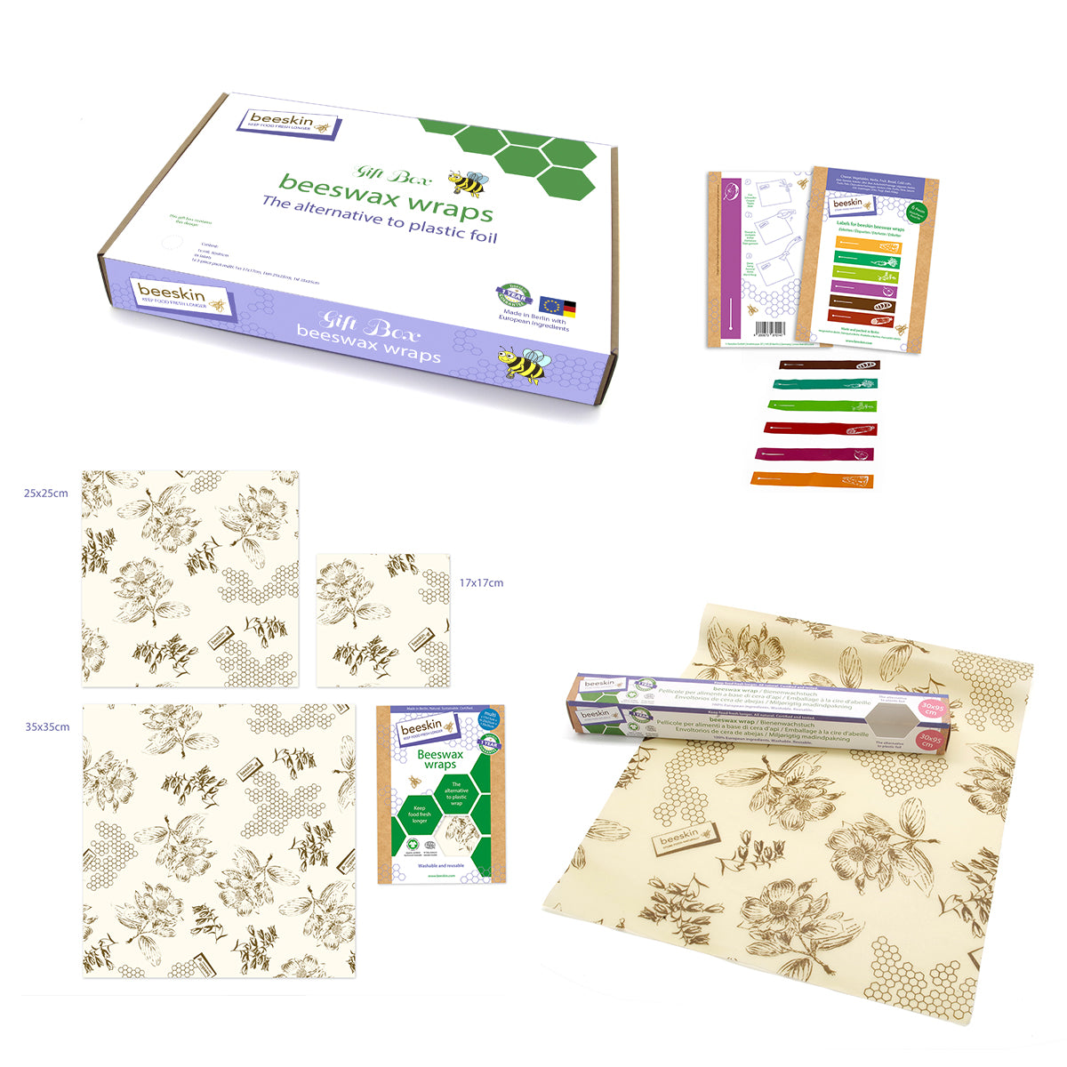 overview beeskin giftbox flower showing multi, roll and labels next to packaging