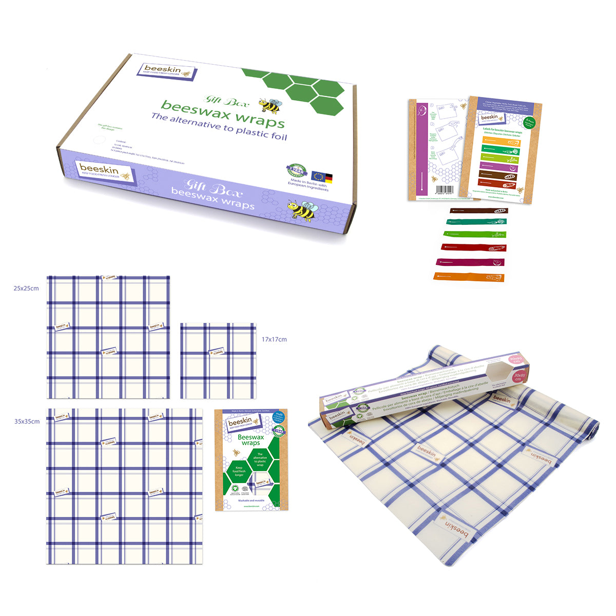 overview beeskin giftbox kitchen design showing multi, roll and labels next to packaging