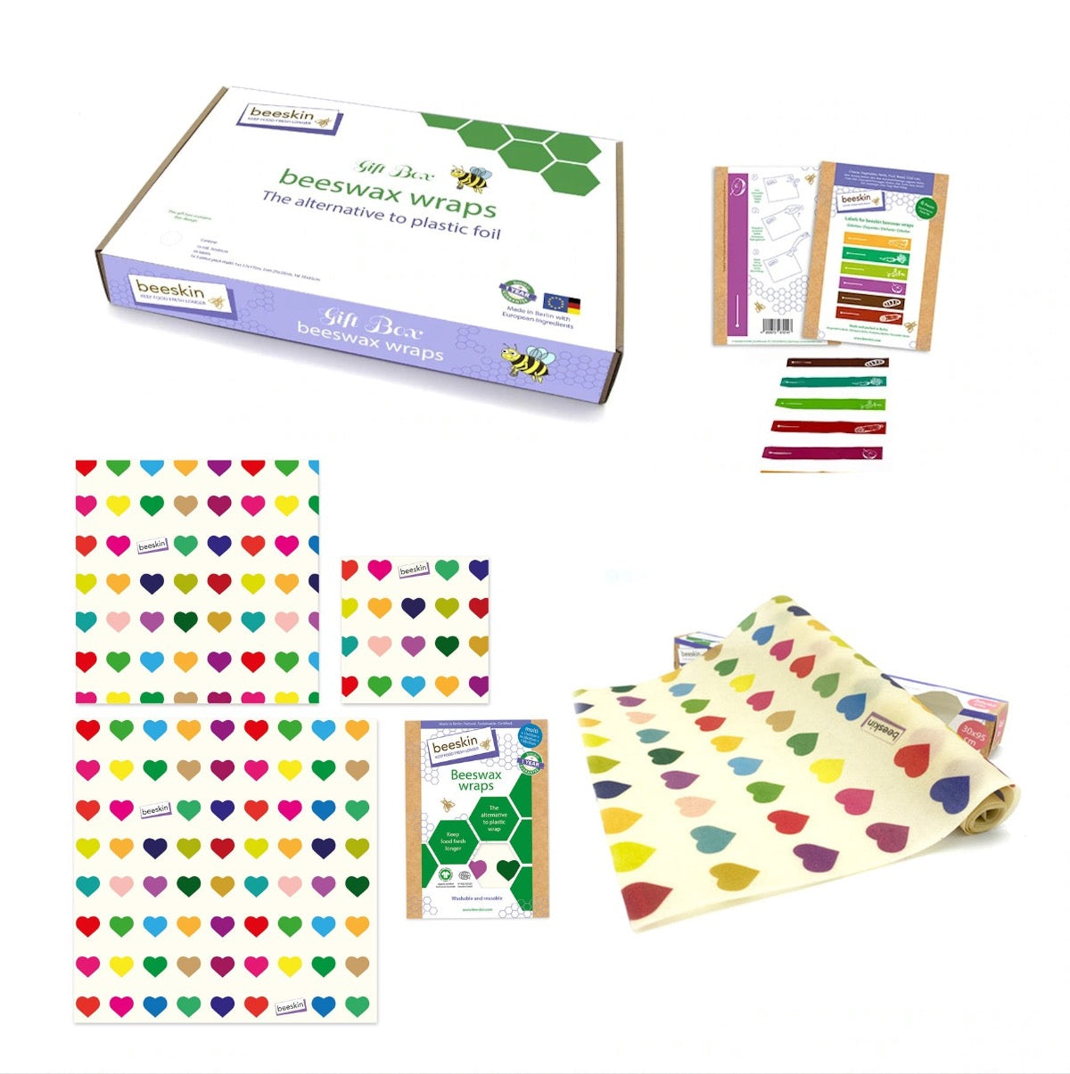 overview beeskin giftbox colorful hearts showing multi, roll and labels next to packaging