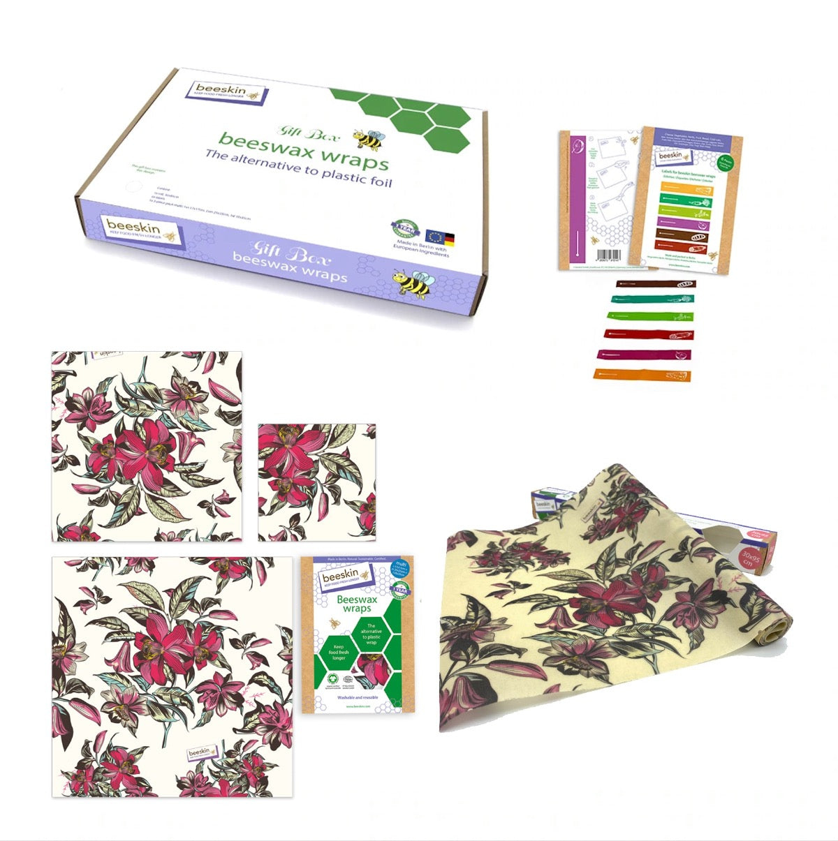 overview beeskin giftbox victorian design showing multi, roll and labels next to packaging