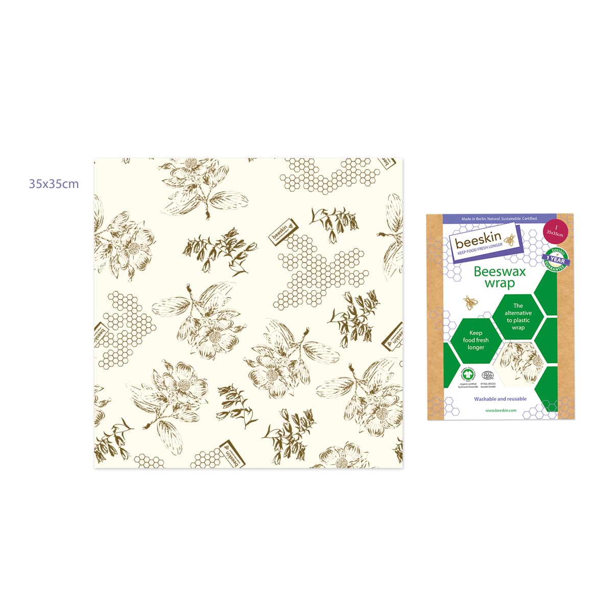 beeswax wrap size l flower next to the package