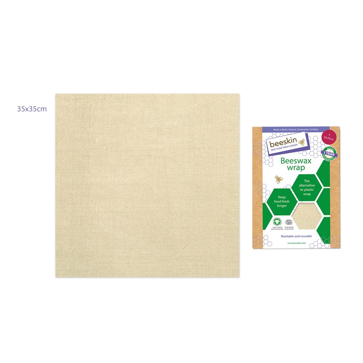 beeskin beeswax wrap natural next to packaging