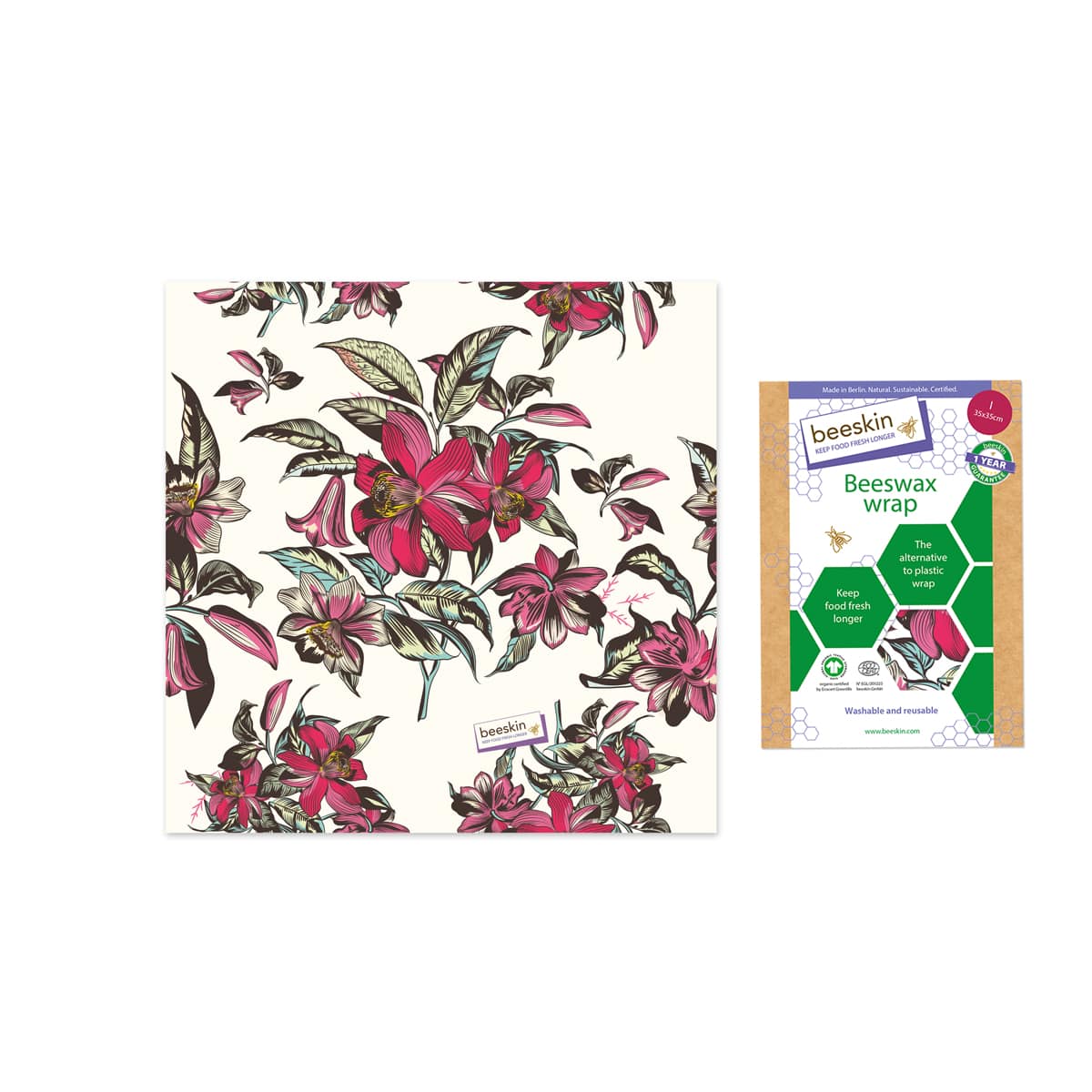 beeskin beeswax wrap victorian pink next to packaging