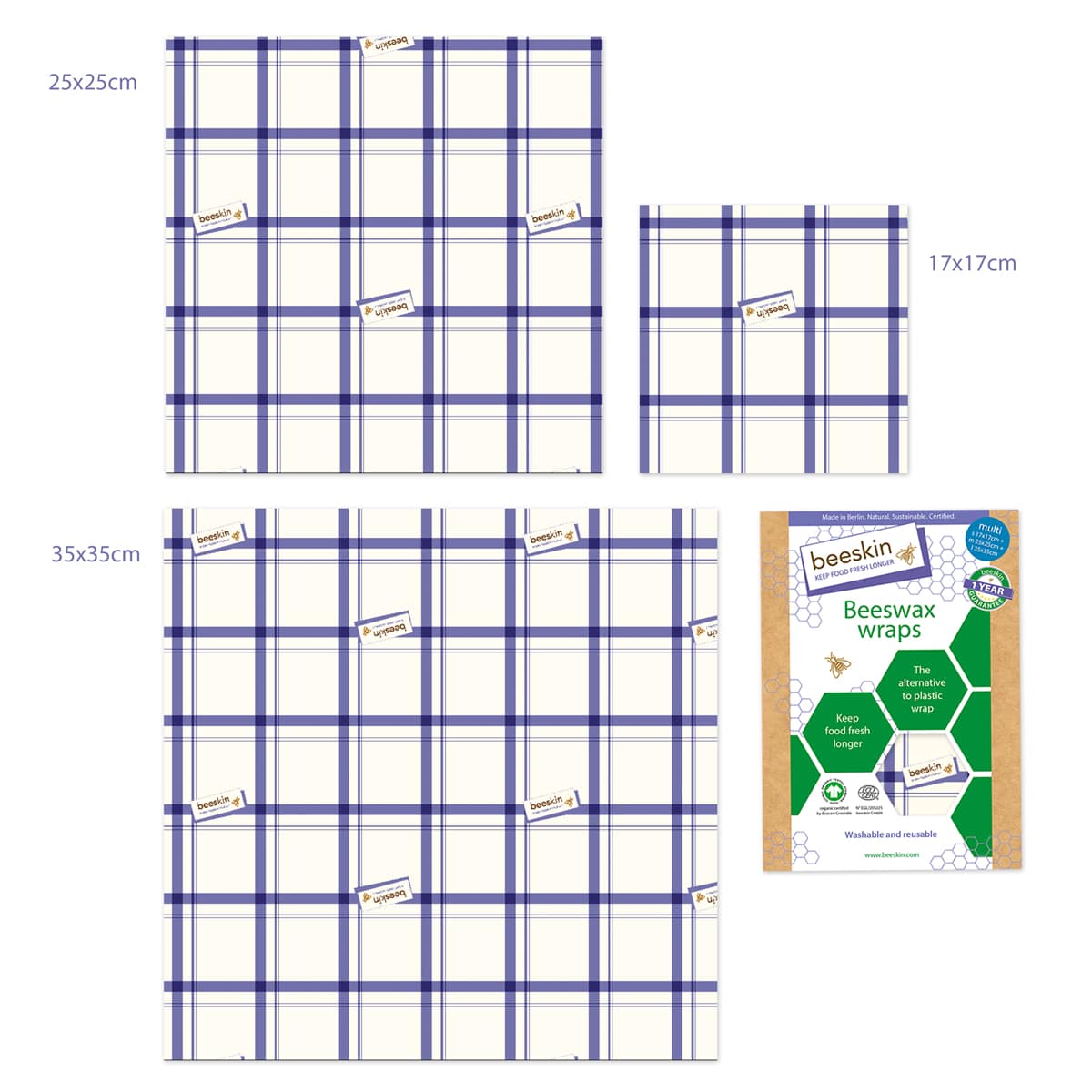 beeskin beeswax wrap multi kitchen next to packaging