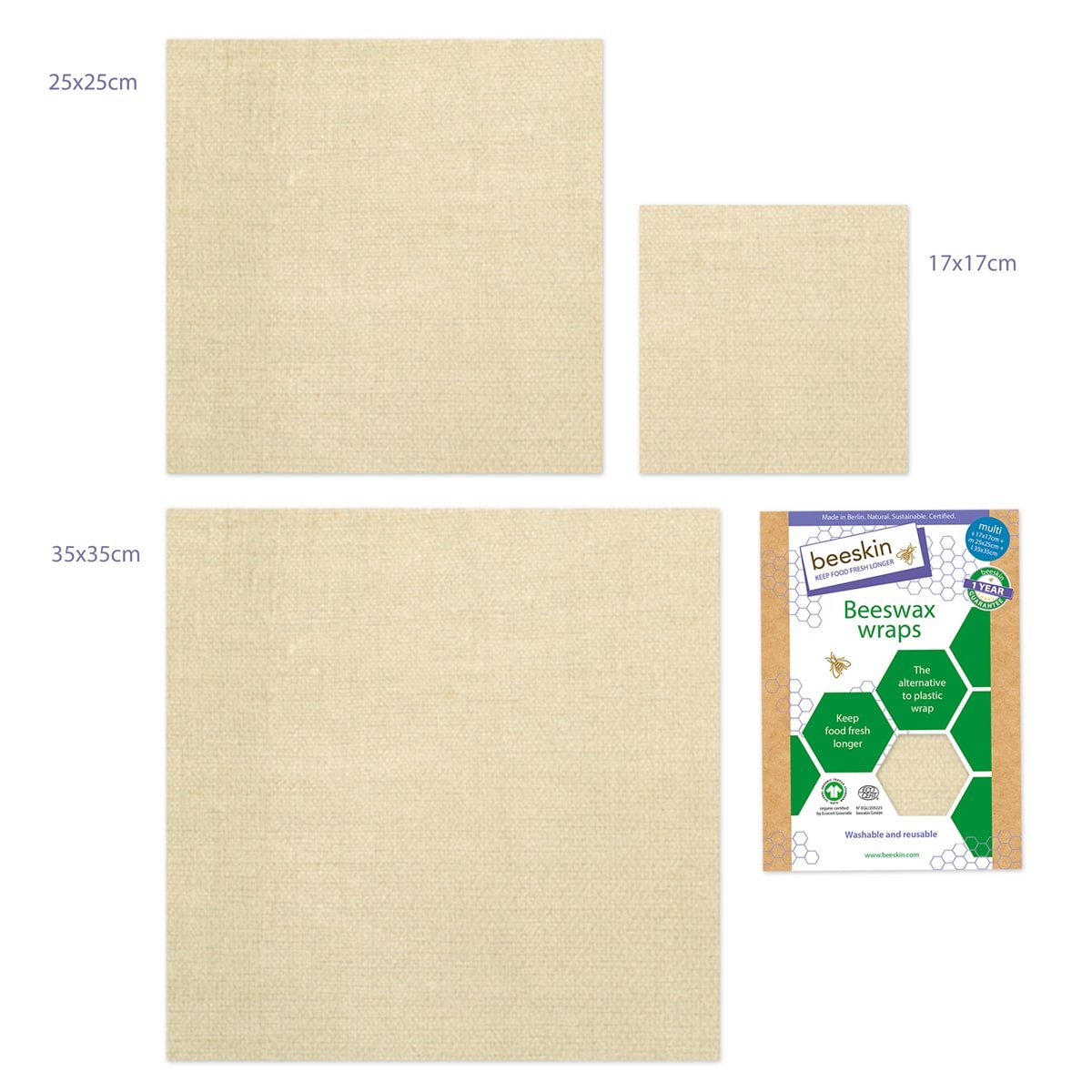 beeskin beeswax wrap multi natural next to packaging
