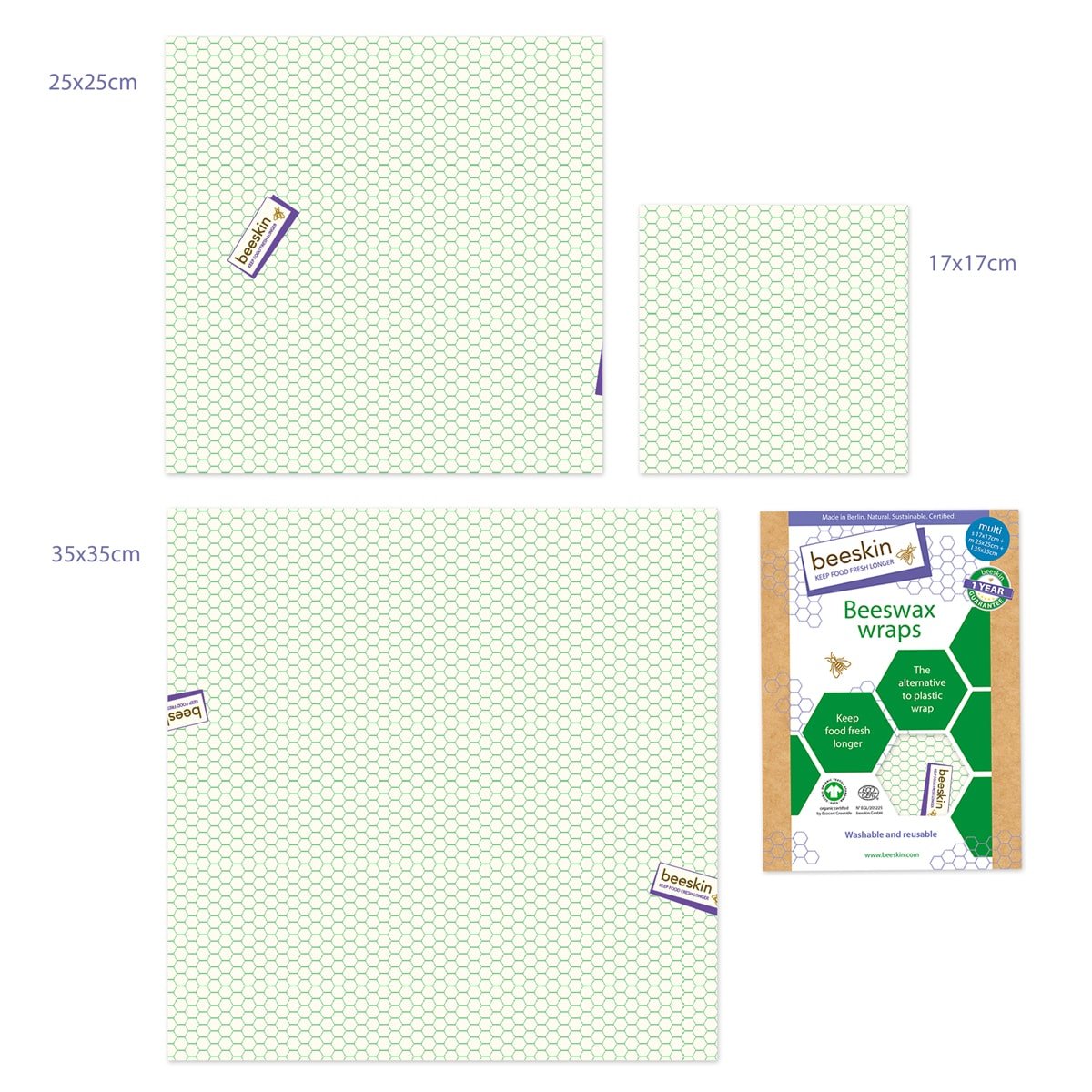 beeskin beeswax wrap multi honeycomb next to packaging
