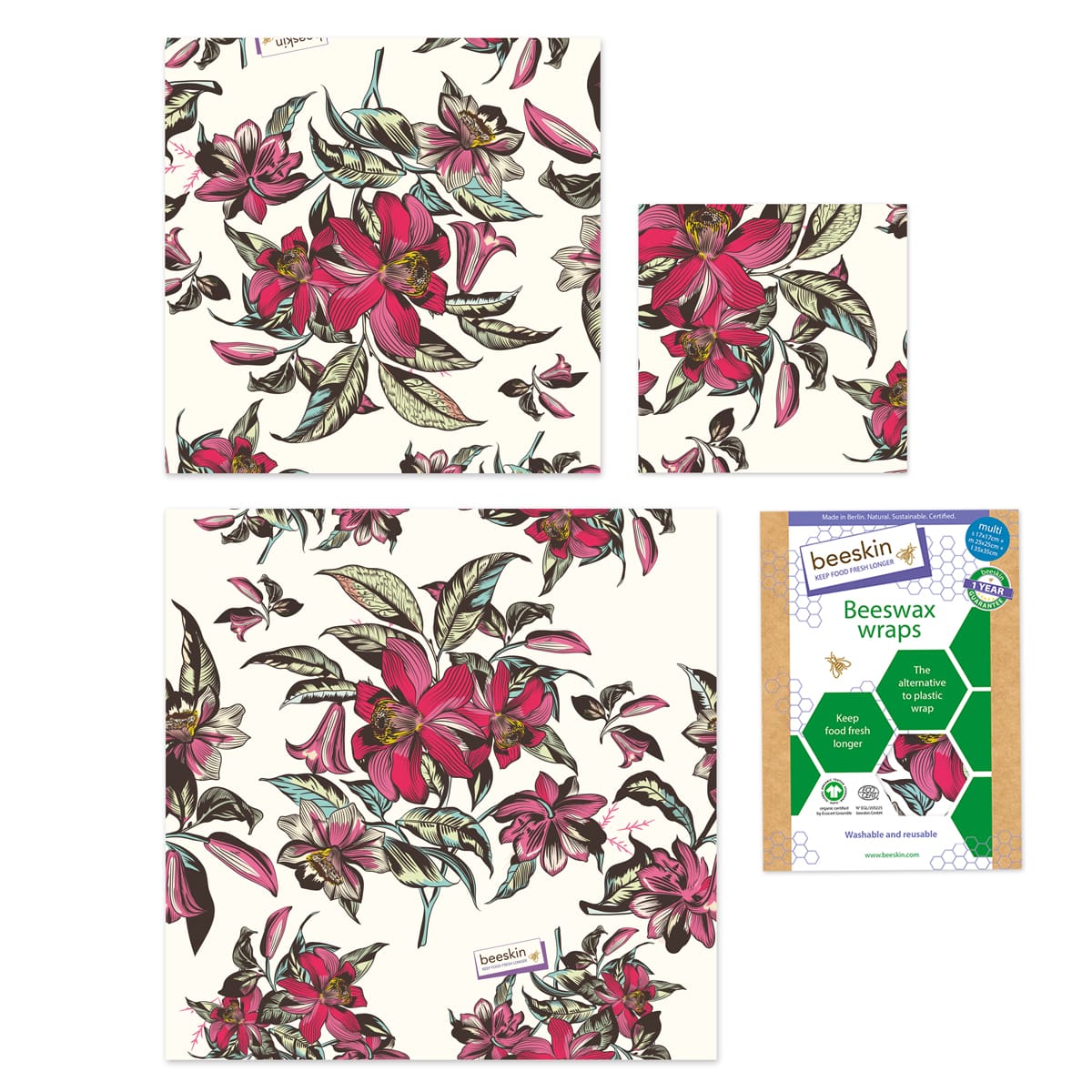 beeskin beeswax wrap multi pink victorian next to packaging