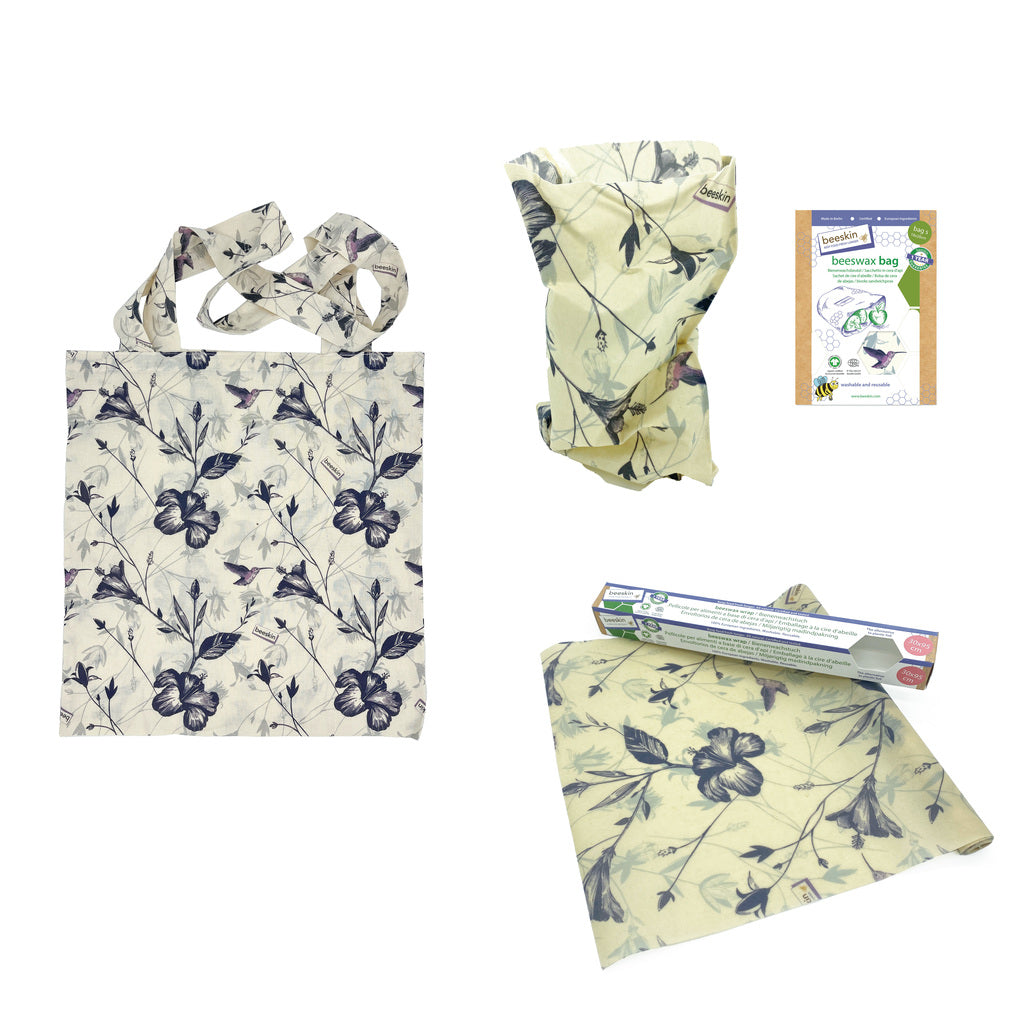 beeskin shopping bundle showing cotton bag, beeswax roll and beeswax bag s humingbird