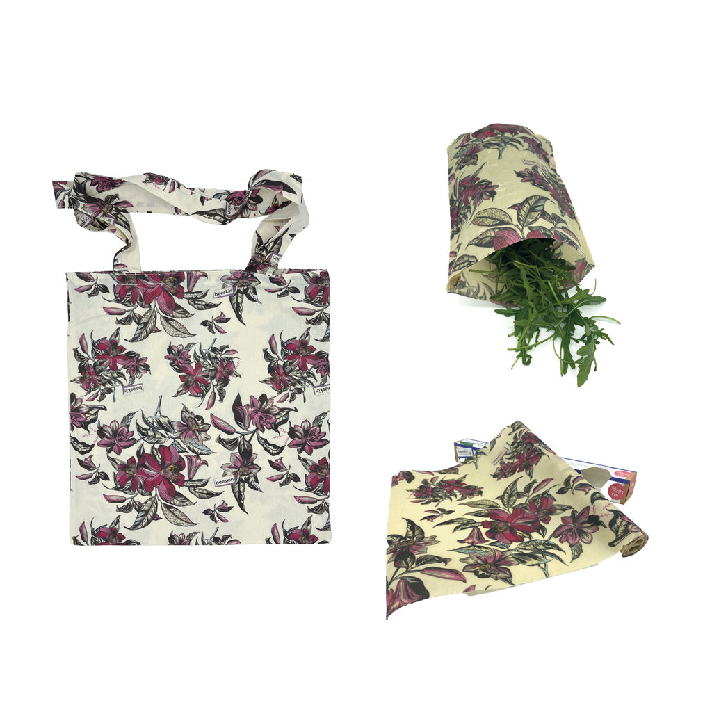 beeskin shopping bundle showing cotton bag, beeswax roll and beeswax bag s Victorian design