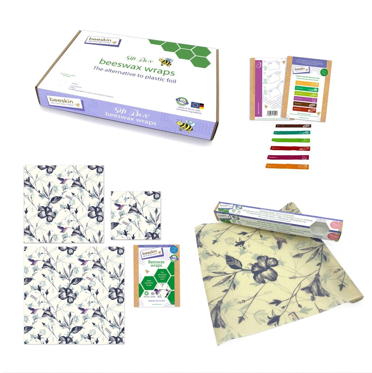 overview beeskin giftbox hummingbird showing multi, roll and labels next to packaging