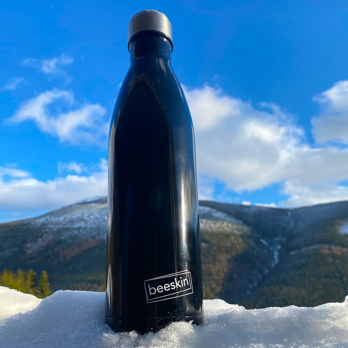 beeskin thermobottle black colored standing in the snow in the mountains