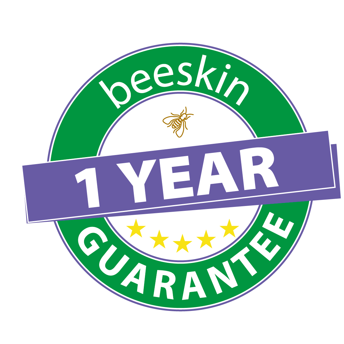 beeskin 1 year guarantee logo. a green circle with 1 year on purple in the middle