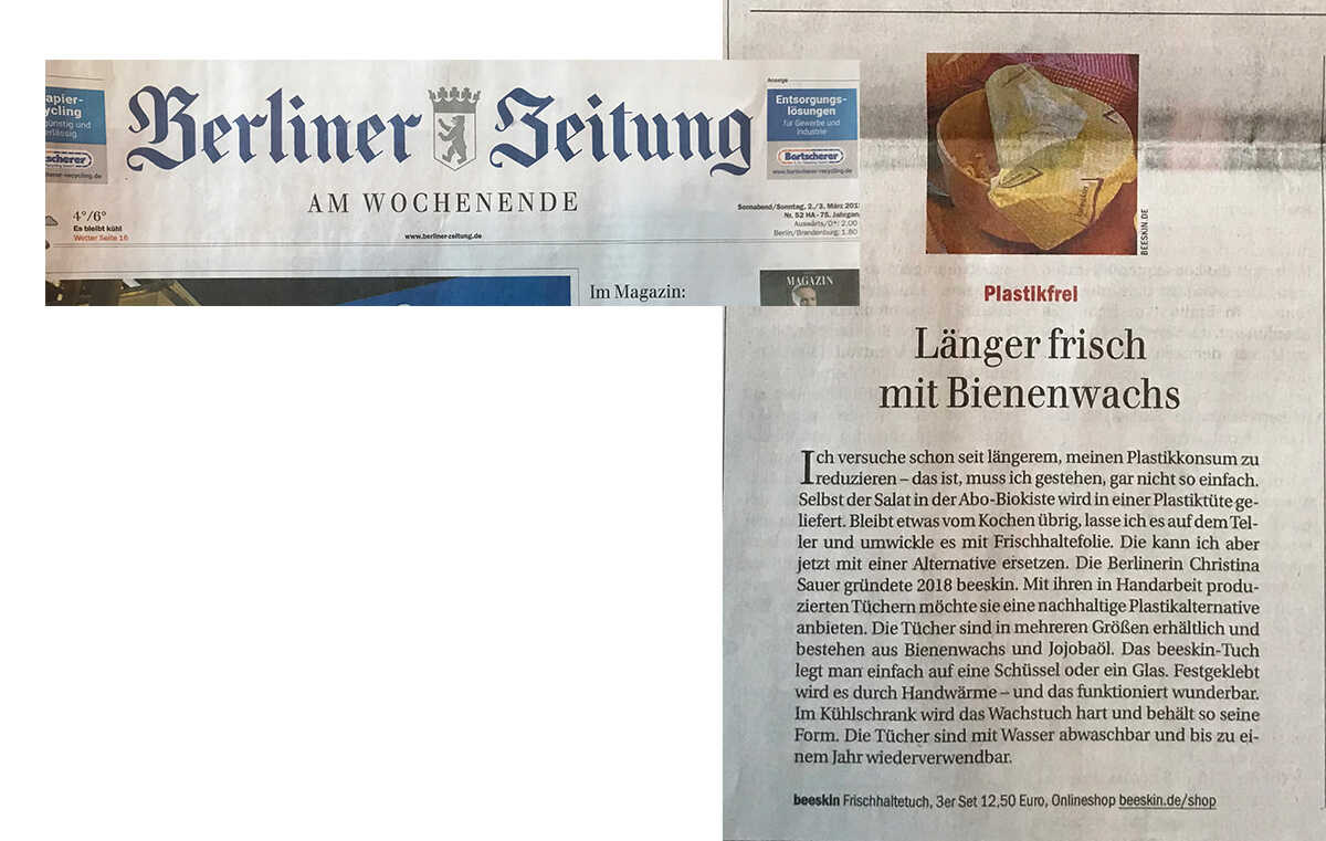 Berliner Zeitung, food stays longer with beeswax wraps and reduces plastic bowl covered with a beeswax wrap 