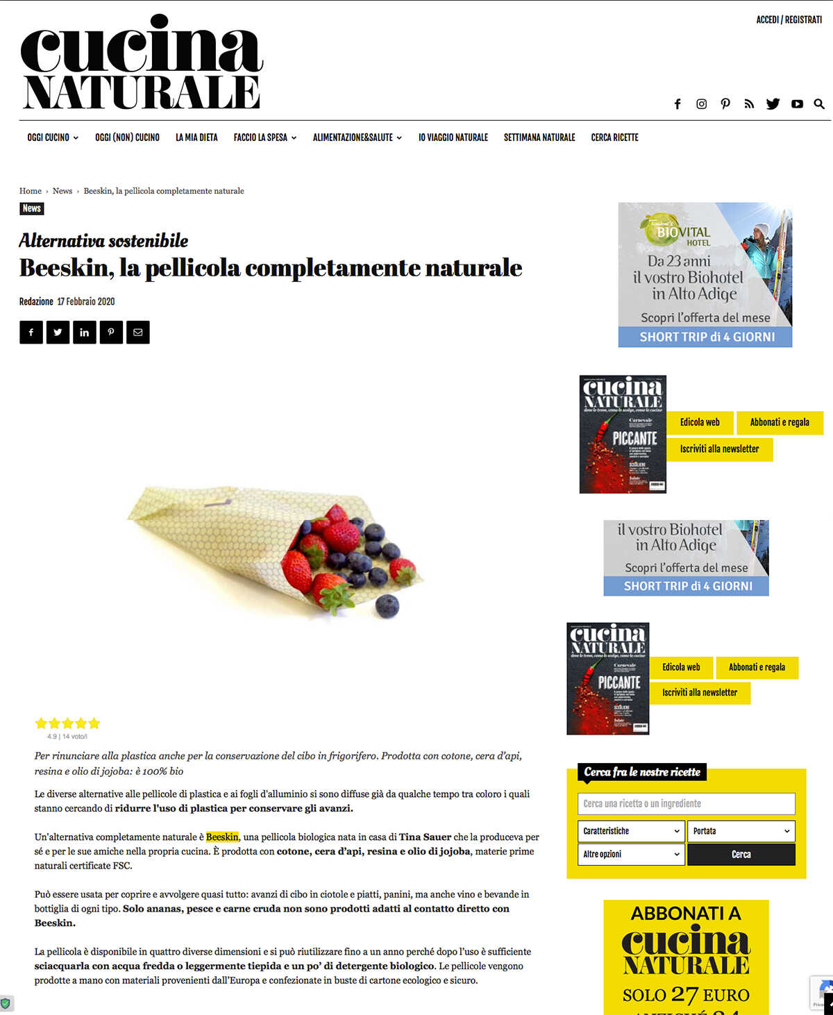 Italian cucina naturale article about beeskin showing berries wrapped in a beeswax wrap