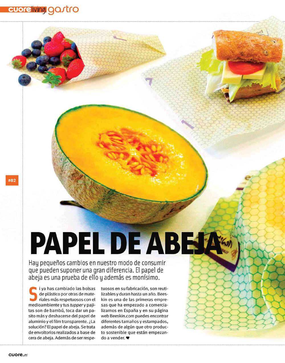 Cuore Gastro article showing a melon wrapped in beeskin beeswax wrap green