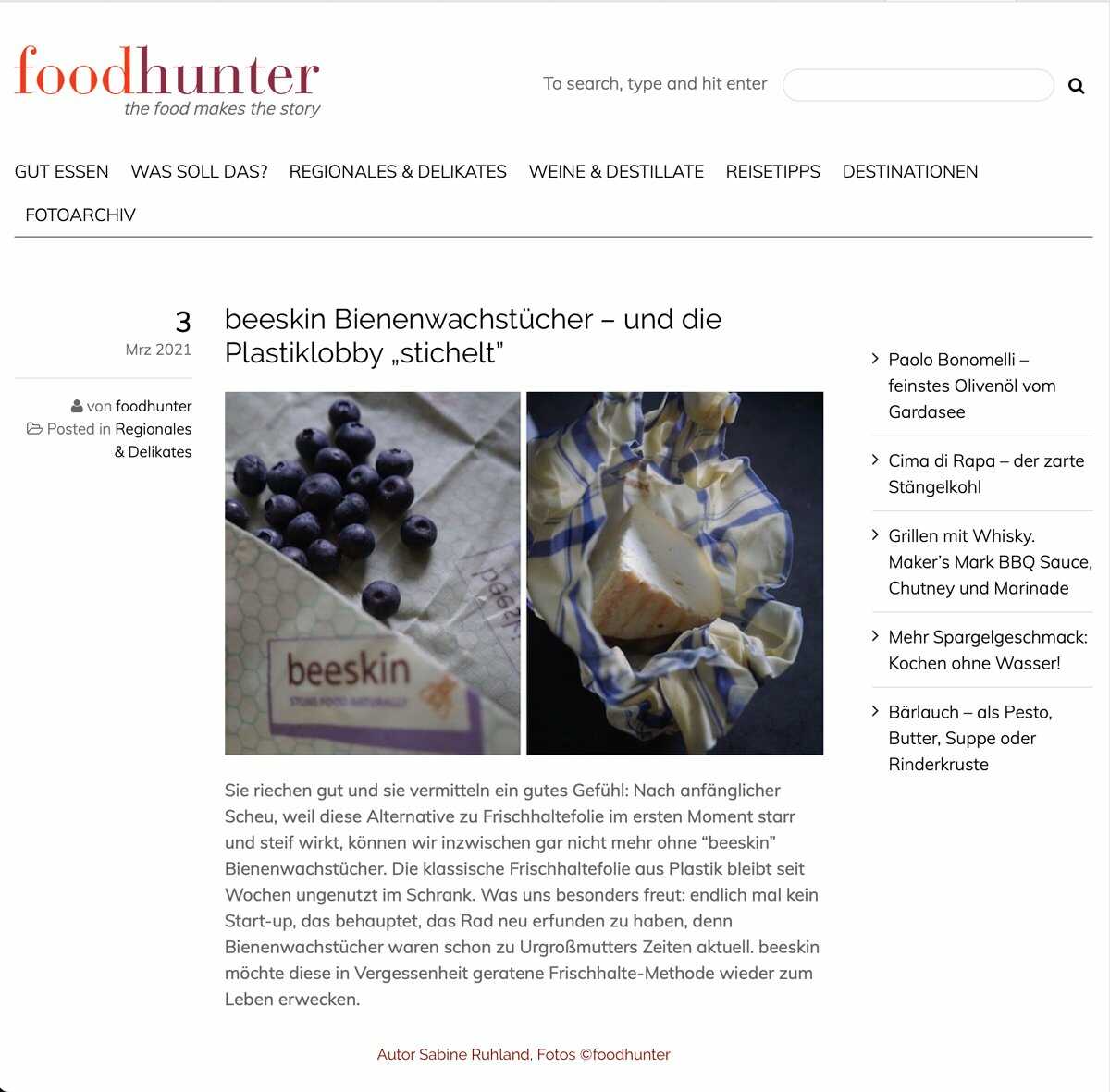 foodhunter Artikel, picture showing blueberries and cheese wrapped in beeswax wraps to store them