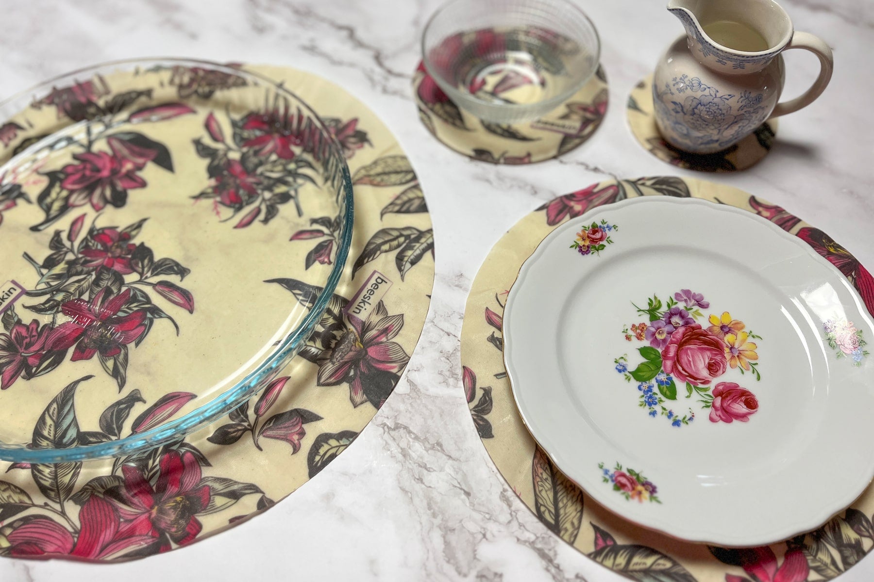 round beeskin with printed flowers and plates 