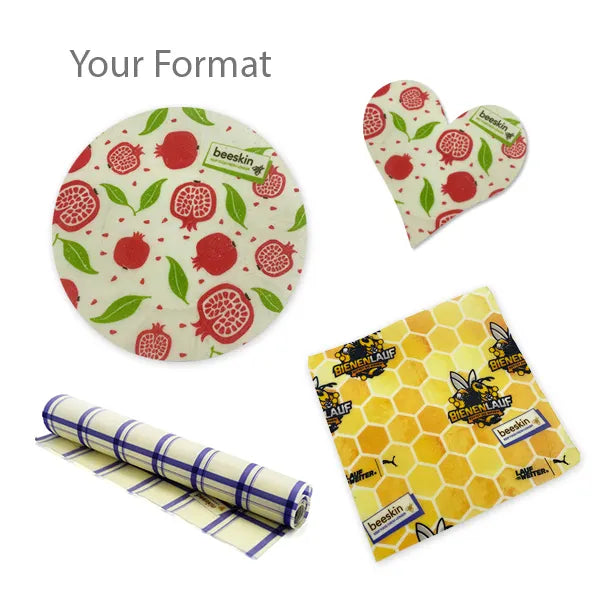 four different formats for beeswax wraps - round, rolled, heart and square. we can see pomegranate, bees and blue kitchen design