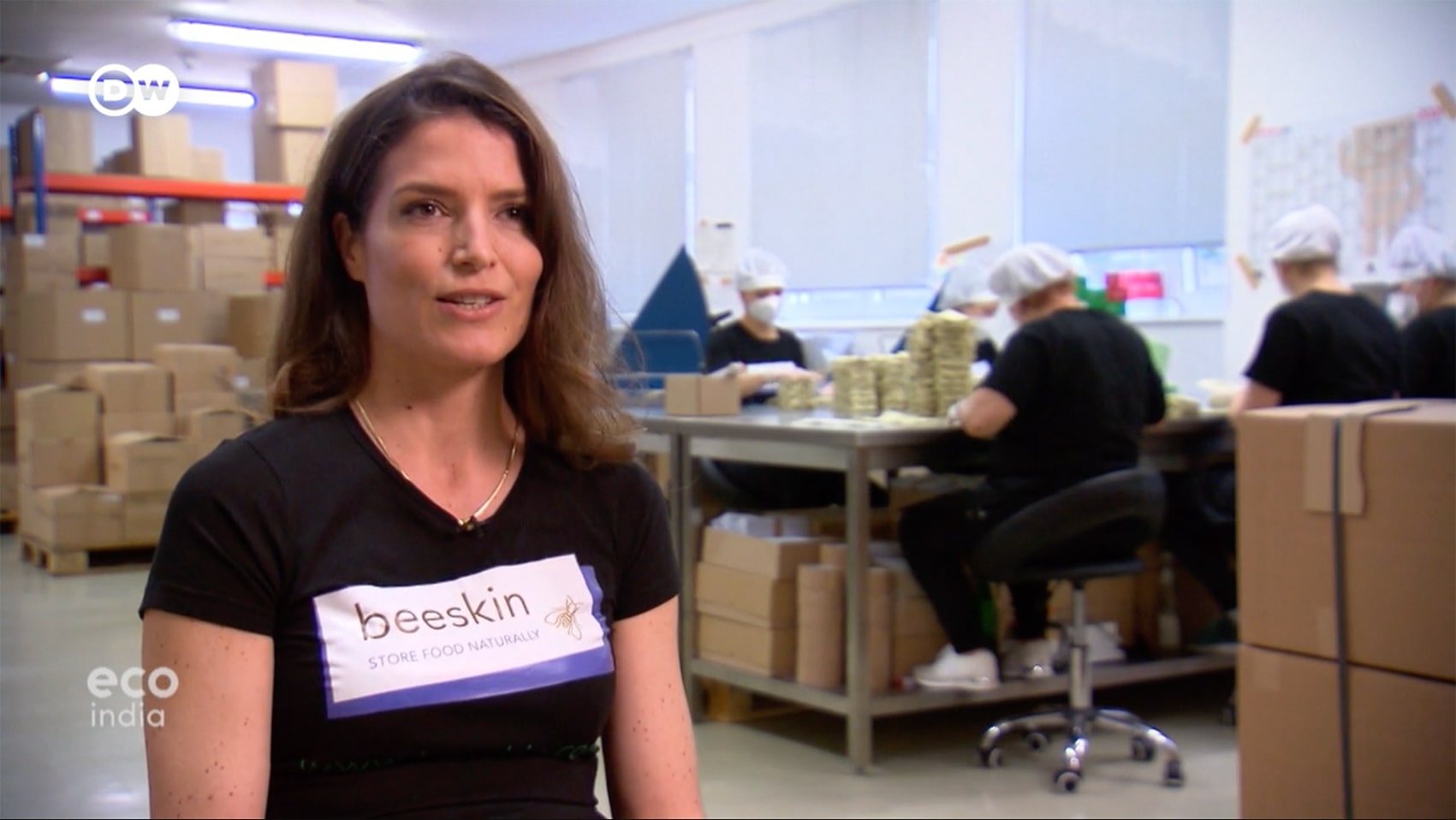 screenshot Deutsche Welle interview showing Tina Sauer and behind production team of beeskin