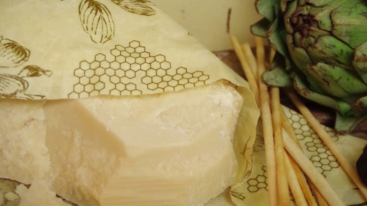 big peace of parmigiana wrapped in beeswax wrap flower