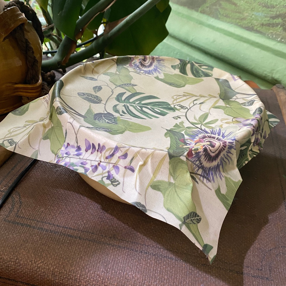 beeskin beeswax wrap passionflower covers a bowl