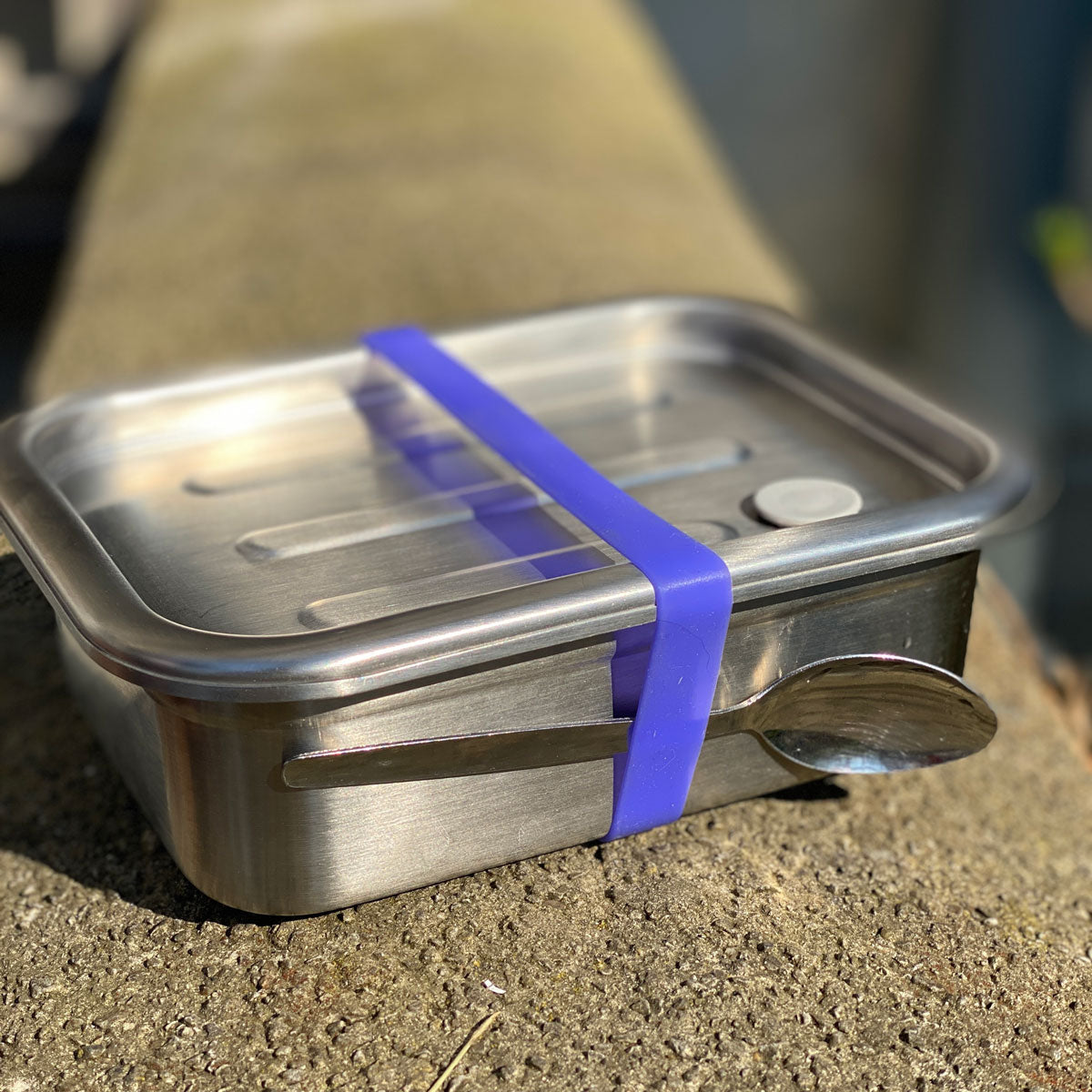 stainless steel snack box closed with purple rubber band to hold the spoon