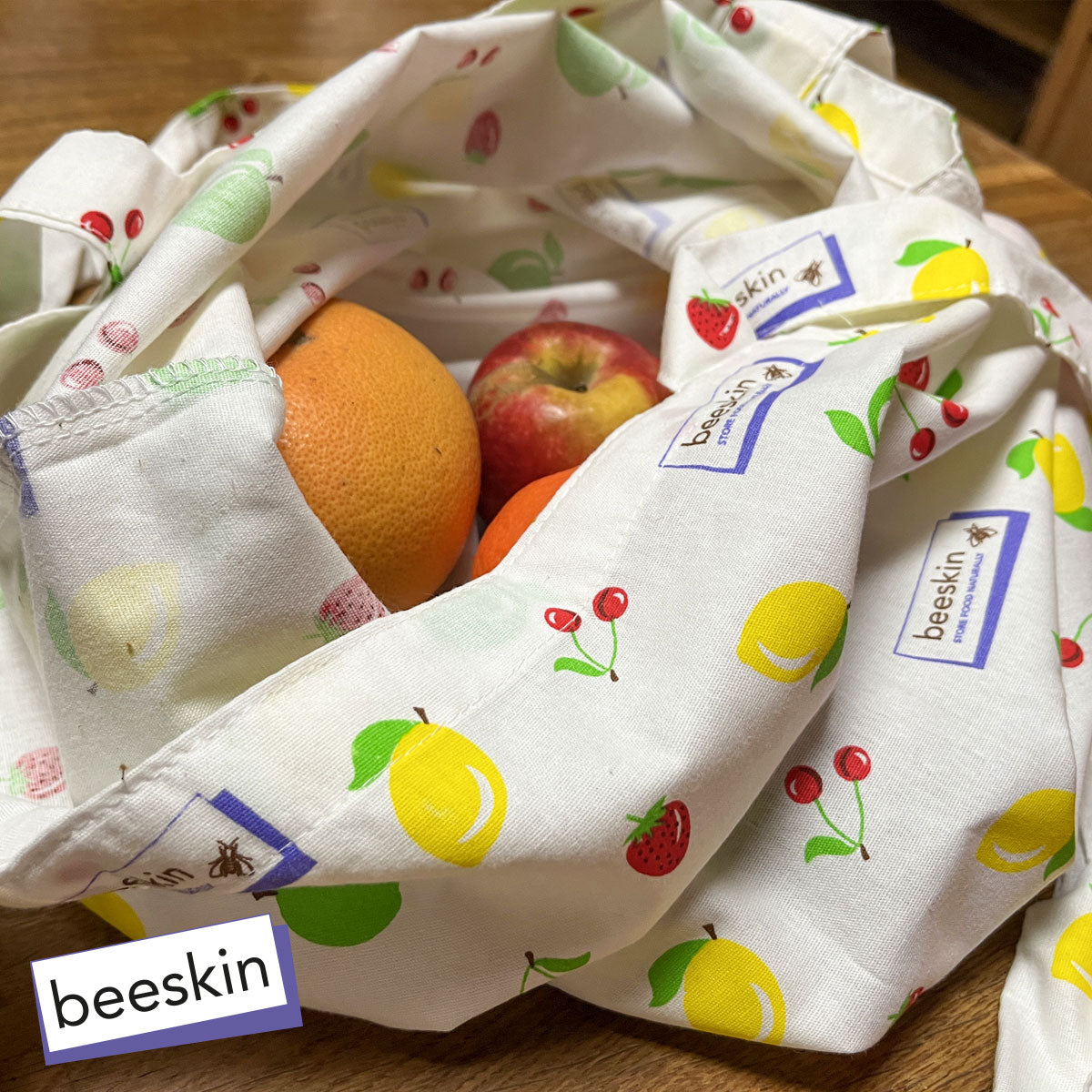 beeskin cotton shopping bag fruit filled with apple and orange