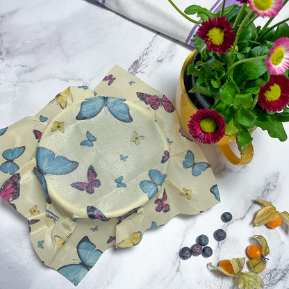 a dish wrapped with beeskin beeswax wraps butterflies design with blueberries on the table as well as a flower pot
