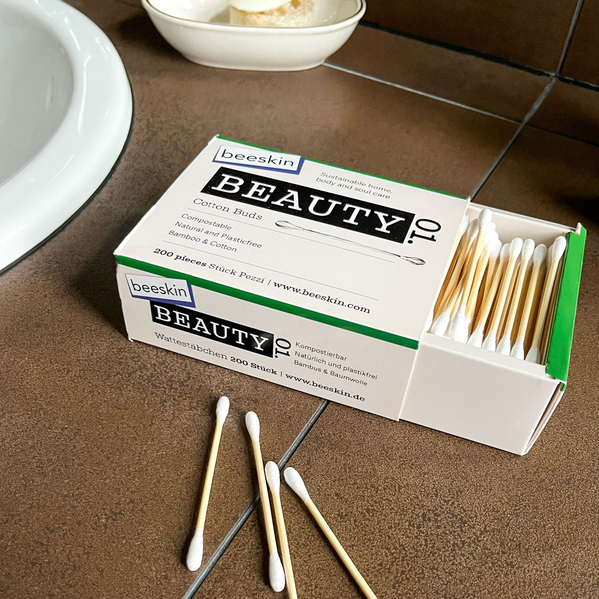 box of beeskin cotton buds in the bathroom