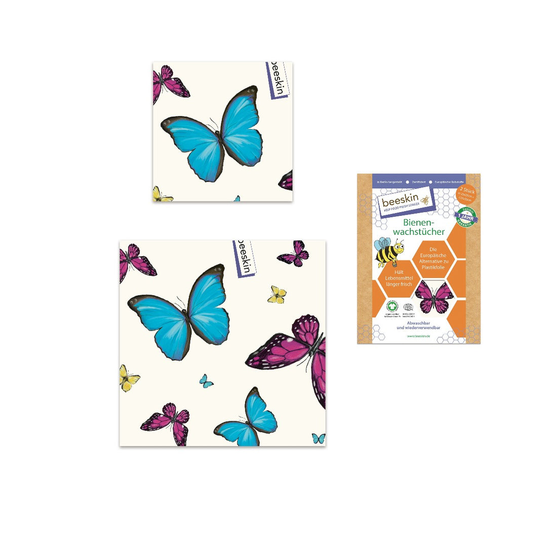 beeskin m+l set beeswax wraps in butterflies design next to packaging
