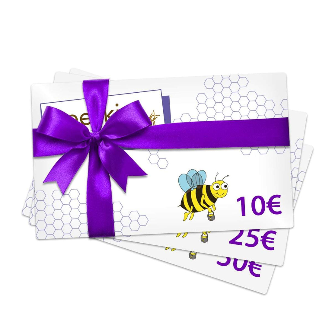 beeskin gift card with purple ribbon and litte bee