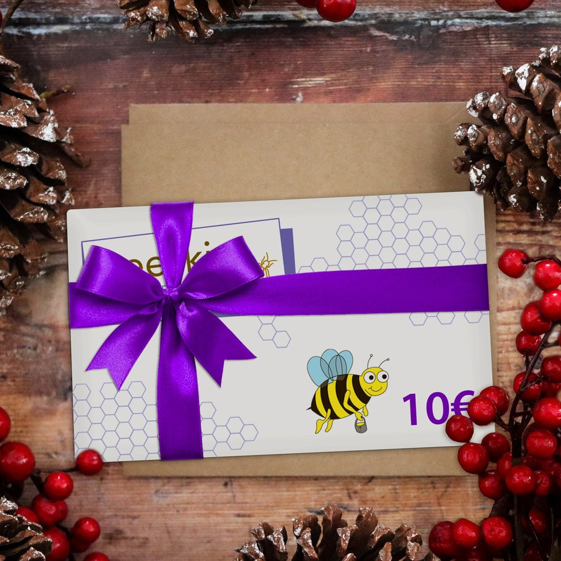 beeskin gif card with purple ribbon and friendly bee