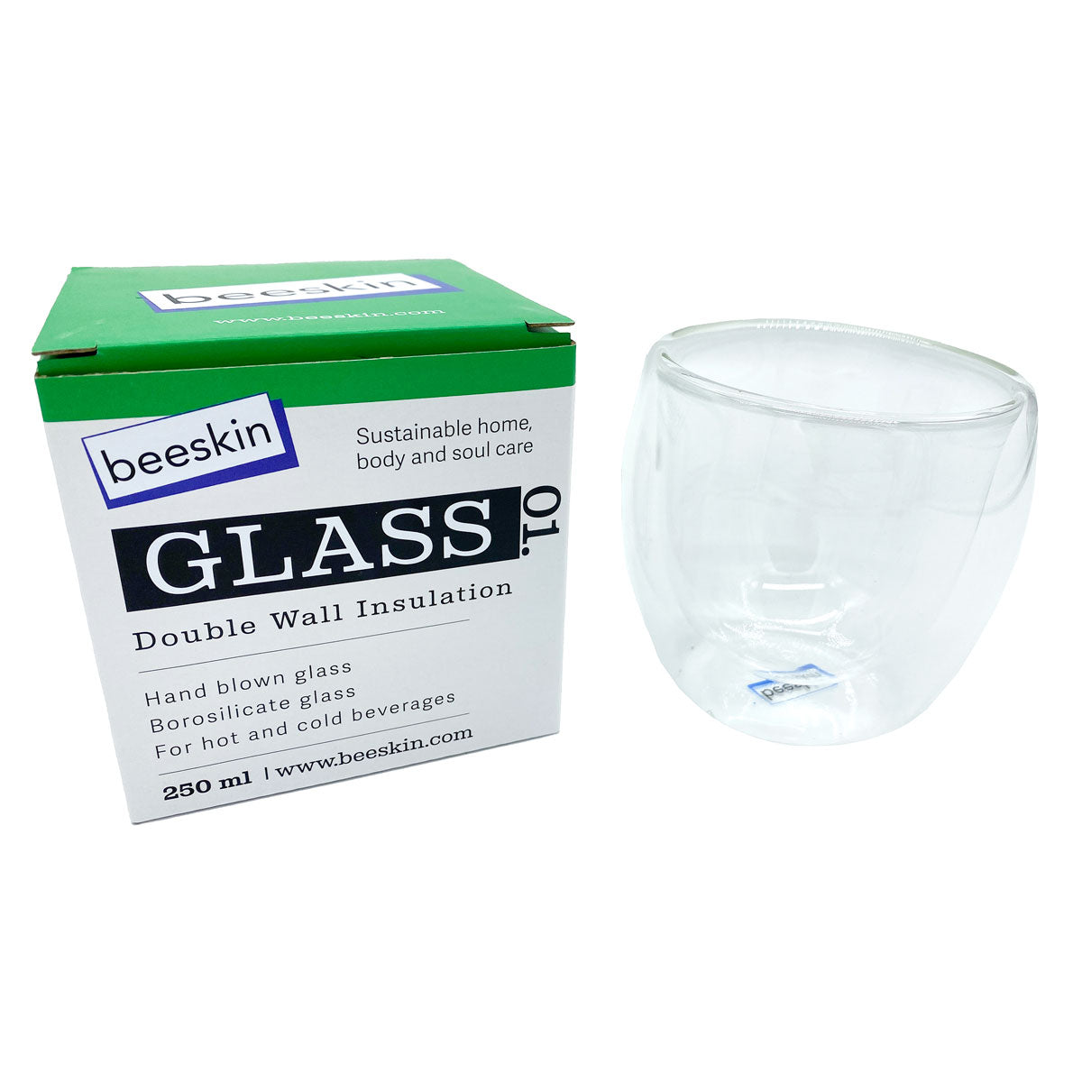 beeskin double walled glas 250ml next to packaging