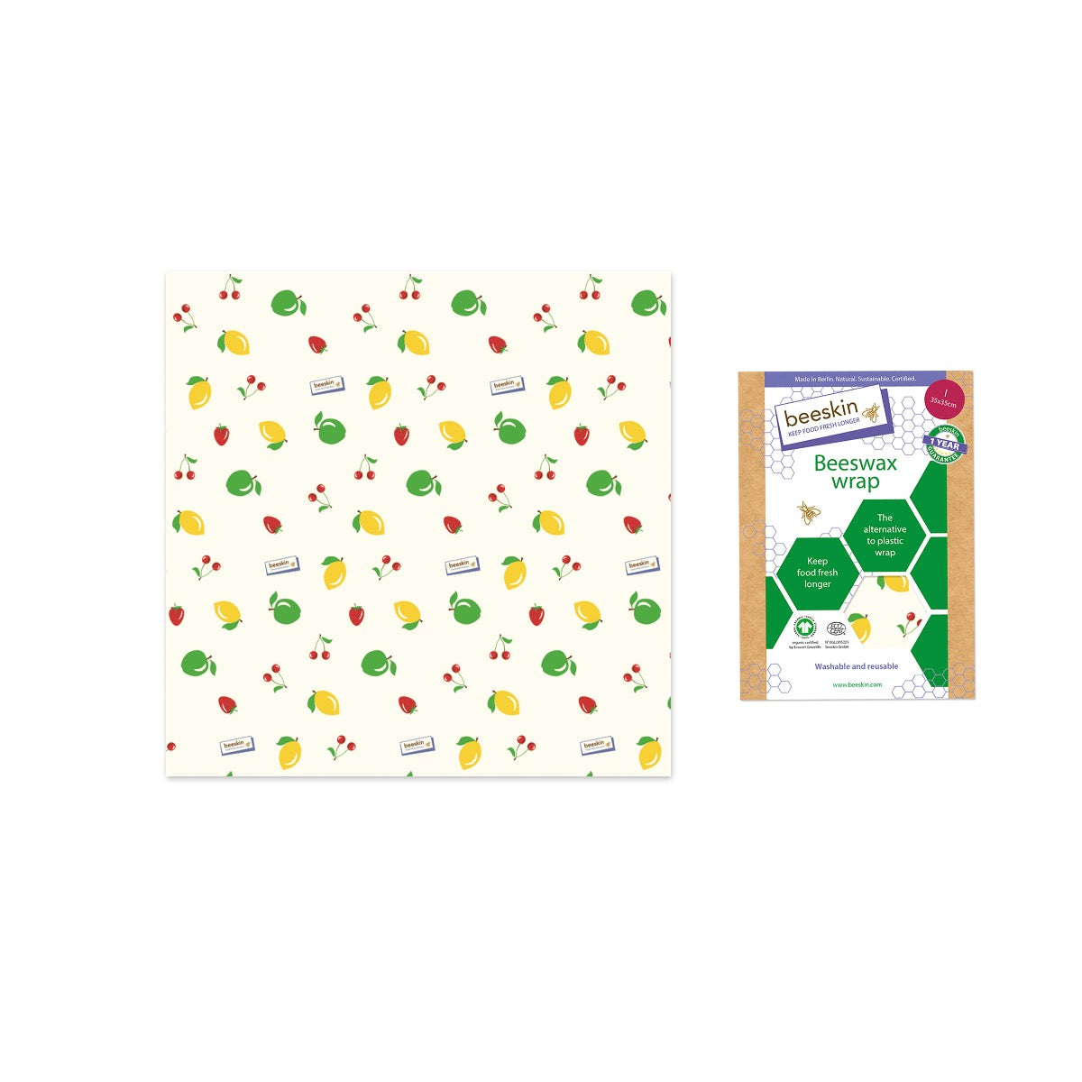 beeskin beeswax wrap fruits next to packaging