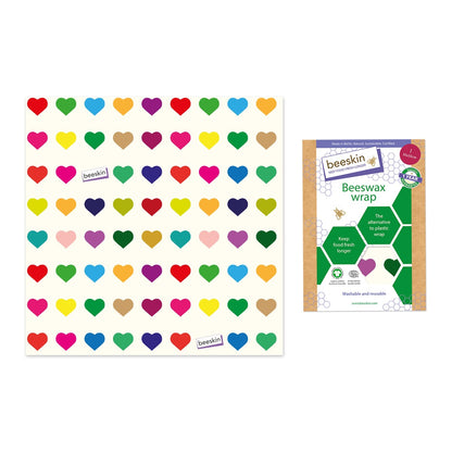 beeskin beeswax wrap colorful hearts next to packaging